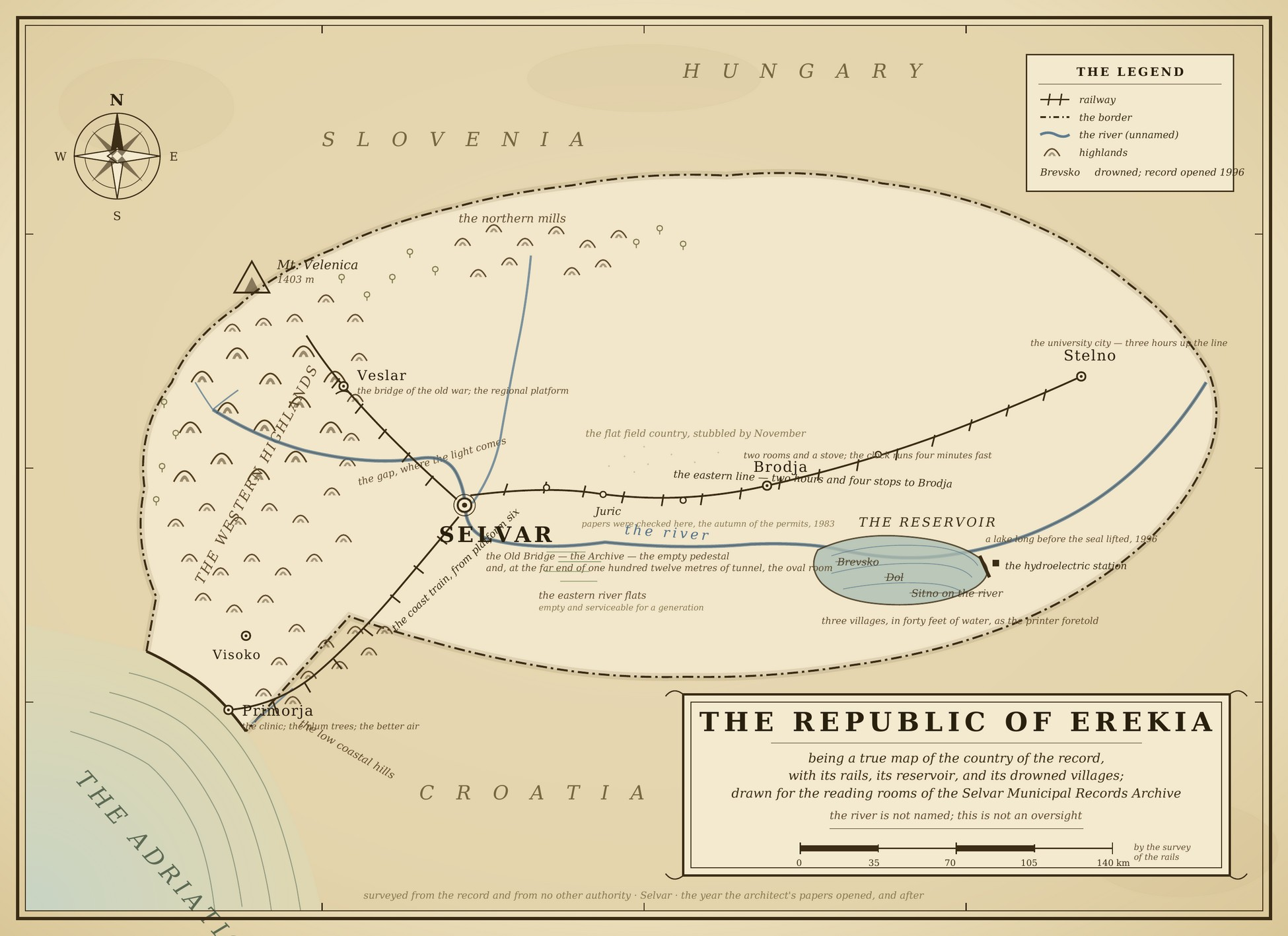 Map of the Republic of Erekia: the western highlands, Selvar on the river, the eastern line to Brodja and Stelno, the reservoir over Brevsko, Dol, and Sitno, the coast at Primorja, and the borders with Slovenia, Hungary, and Croatia.